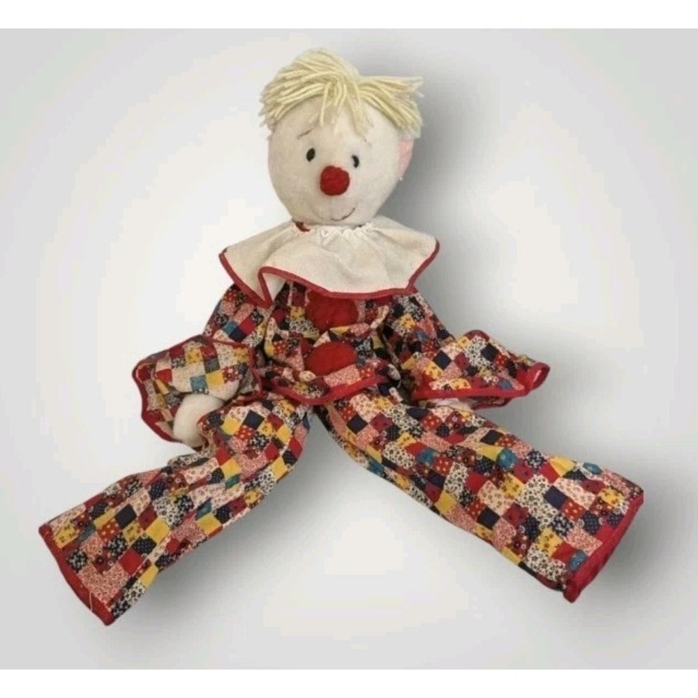 Big Clown Plush Patchwork Eden Doll Pom Poms Yarn Hair Red Circus Vtg Toy 24"